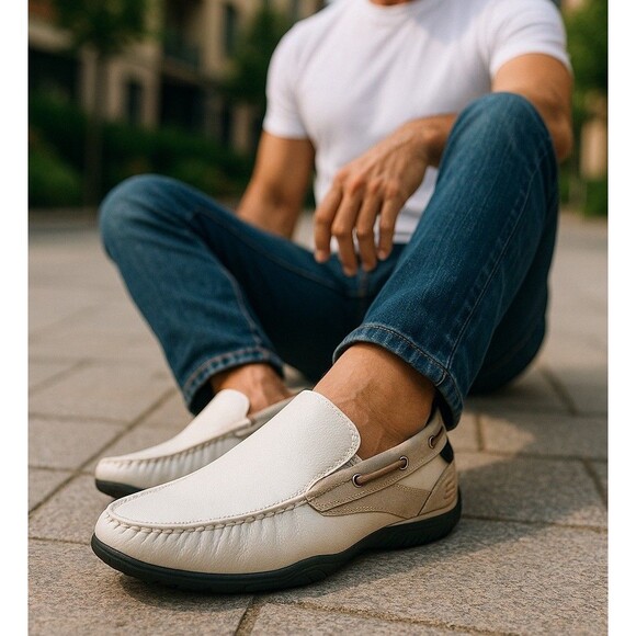 Skechers Relax Step Driving Moccasins Loafers Shoes Mens 8.5 Off White SN-62732 - Picture 1 of 13